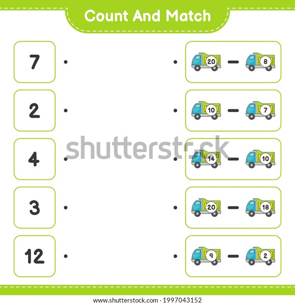 Count and match, count the number of Lorry\
and match with the right numbers. Educational children game,\
printable worksheet, vector\
illustration