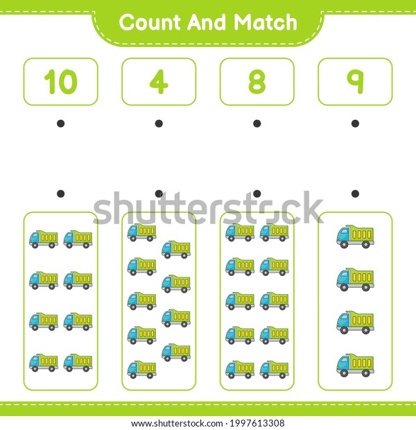 Count and match, count the number of Lorry\
and match with the right numbers. Educational children game,\
printable worksheet, vector\
illustration