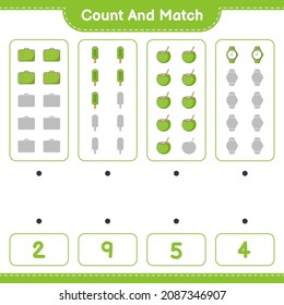 Count and match, count the number of Luggage, Ice Cream, Coconut, Watches and match with the right numbers. Educational children game, printable worksheet, vector illustration