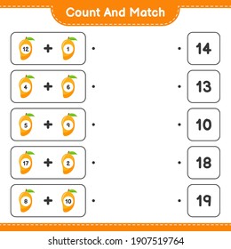 Count and match, count the number of Mango and match with right numbers. Educational children game, printable worksheet, vector illustration