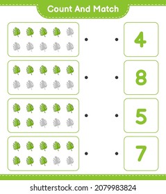 Count and match, count the number of Monstera and match with the right numbers. Educational children game, printable worksheet, vector illustration