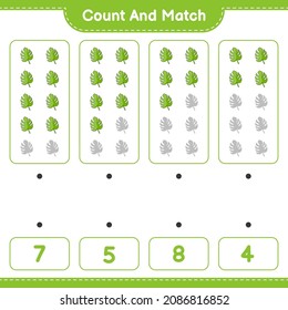 Contar y coincidir, contar el número de Monstera y coincidir con los números correctos. Juego infantil educativo, hoja de cálculo imprimible, ilustración vectorial