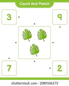 Count and match, count the number of Monstera and match with the right numbers. Educational children game, printable worksheet, vector illustration