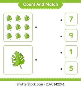 Count and match, count the number of Monstera and match with the right numbers. Educational children game, printable worksheet, vector illustration