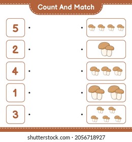 Count and match, count the number of Mushroom Boletus and match with the right numbers. Educational children game, printable worksheet, vector illustration