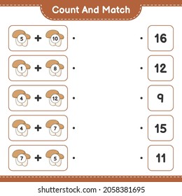 Count and match, count the number of Mushroom Boletus and match with the right numbers. Educational children game, printable worksheet, vector illustration