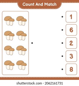 Count and match, count the number of Mushroom Boletus and match with the right numbers. Educational children game, printable worksheet, vector illustration