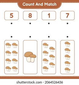 Count and match, count the number of Mushroom Boletus and match with the right numbers. Educational children game, printable worksheet, vector illustration