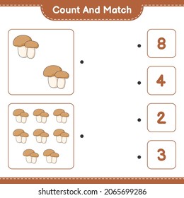 Count and match, count the number of Mushroom Boletus and match with the right numbers. Educational children game, printable worksheet, vector illustration