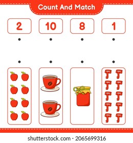 Count and match, count the number of Oak Leaf, Socks, Book, Croissant and match with the right numbers. Educational children game, printable worksheet, vector illustration