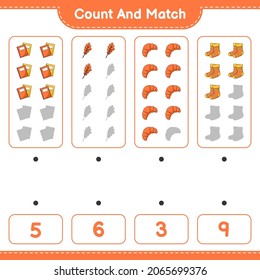 Count and match, count the number of Oak Leaf, Socks, Book, Croissant and match with the right numbers. Educational children game, printable worksheet, vector illustration