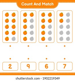 Contar y coincidir, contar el número de naranja y coincidir con los números correctos. Juego infantil educativo, hoja de cálculo imprimible, ilustración vectorial