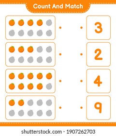 Contar y coincidir, contar el número de naranja y coincidir con los números correctos. Juego infantil educativo, hoja de cálculo imprimible, ilustración vectorial