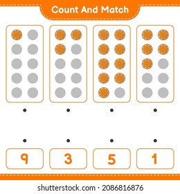 Contar y coincidir, contar el número de naranja y coincidir con los números correctos. Juego infantil educativo, hoja de cálculo imprimible, ilustración vectorial