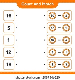 Contar y coincidir, contar el número de naranja y coincidir con los números correctos. Juego infantil educativo, hoja de cálculo imprimible, ilustración vectorial