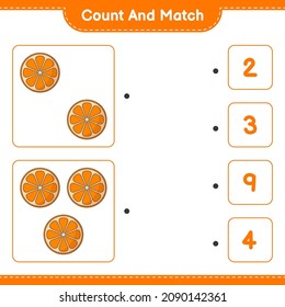 Contar y coincidir, contar el número de naranja y coincidir con los números correctos. Juego infantil educativo, hoja de cálculo imprimible, ilustración vectorial