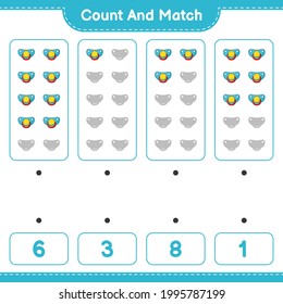 Count and match, count the number of Pacifier and match with the right numbers. Educational children game, printable worksheet, vector illustration