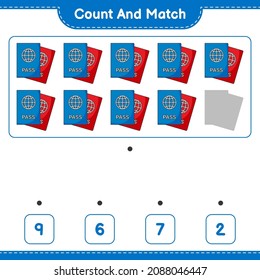 Count and match, count the number of Passport and match with the right numbers. Educational children game, printable worksheet, vector illustration