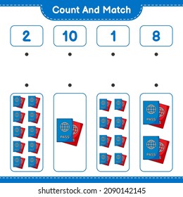 Count and match, count the number of Passport and match with the right numbers. Educational children game, printable worksheet, vector illustration