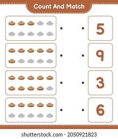 Zählen Sie die Anzahl der Kuchen und stimmen Sie mit den richtigen Zahlen überein. Kinderspiel, druckbares Arbeitsblatt, Vektorgrafik