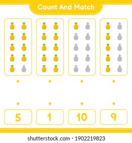 Count and match, count the number of Pineapple and match with right numbers. Educational children game, printable worksheet, vector illustration