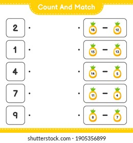 Count and match, count the number of Pineapple and match with right numbers. Educational children game, printable worksheet, vector illustration