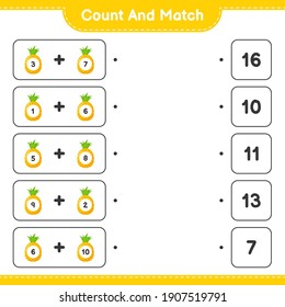 Count and match, count the number of Pineapple and match with right numbers. Educational children game, printable worksheet, vector illustration