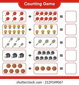 Count and match, count the number of Ping Pong Racket, Basketball, Trophy, Football Helmet, Tennis Racket and match with the right numbers. Educational children game, printable worksheet