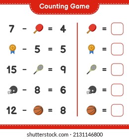 Count and match, count the number of Ping Pong Racket, Basketball, Trophy, Football Helmet, Tennis Racket and match with the right numbers. Educational children game, printable worksheet
