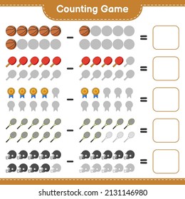 Count and match, count the number of Ping Pong Racket, Basketball, Trophy, Football Helmet, Tennis Racket and match with the right numbers. Educational children game, printable worksheet