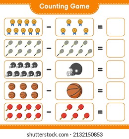 Count and match, count the number of Ping Pong Racket, Basketball, Trophy, Football Helmet, Tennis Racket and match with the right numbers. Educational children game, printable worksheet