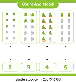 Count and match, count the number of Pinwheels, Cactus, Monstera, Sailboat and match with the right numbers. Educational children game, printable worksheet, vector illustration