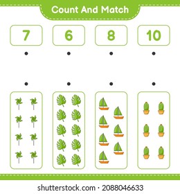 Count and match, count the number of Pinwheels, Cactus, Monstera, Sailboat and match with the right numbers. Educational children game, printable worksheet, vector illustration