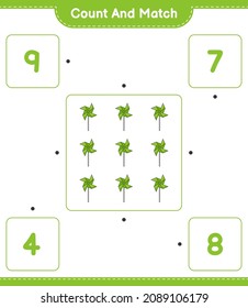 Count and match, count the number of Pinwheels and match with the right numbers. Educational children game, printable worksheet, vector illustration
