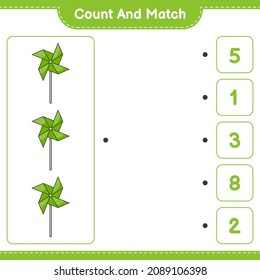 Count and match, count the number of Pinwheels and match with the right numbers. Educational children game, printable worksheet, vector illustration