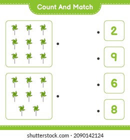 Count and match, count the number of Pinwheels and match with the right numbers. Educational children game, printable worksheet, vector illustration