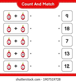 Count and match, count the number of Pitaya and match with right numbers. Educational children game, printable worksheet, vector illustration