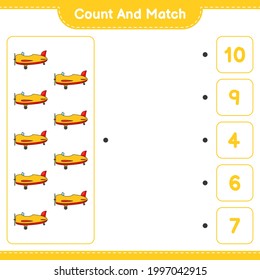 Contar y coincidir, contar el número de Plano y coincidir con los números correctos. Juego infantil educativo, hoja de cálculo imprimible, ilustración vectorial