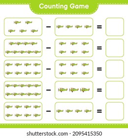 Contar y coincidir, contar el número de Plano y coincidir con los números correctos. Juego infantil educativo, hoja de cálculo imprimible, ilustración vectorial