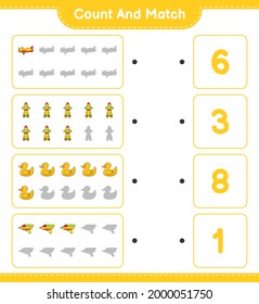 Cuenta y coteja, cuenta el número de Avión, Cohetes, Pato de goma, Pistola de Agua y concuerda con los números correctos. Juego infantil educativo, hoja de cálculo imprimible, ilustración vectorial