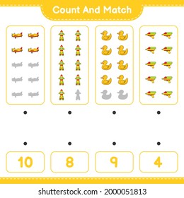 Cuenta y coteja, cuenta el número de Avión, Cohetes, Pato de goma, Pistola de Agua y concuerda con los números correctos. Juego infantil educativo, hoja de cálculo imprimible, ilustración vectorial