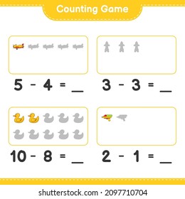 Count and match, count the number of Plane, Rocket, Rubber Duck, Water Gun and match with the right numbers. Educational children game, printable worksheet, vector illustration