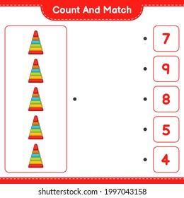 Contar y coincidir, contar el número de Juguete de la Pirámide y coincidir con los números correctos. Juego infantil educativo, hoja de cálculo imprimible, ilustración vectorial