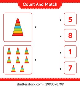 Contar y coincidir, contar el número de Juguete de la Pirámide y coincidir con los números correctos. Juego infantil educativo, hoja de cálculo imprimible, ilustración vectorial