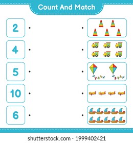 Count and match, count the number of Pyramid Toy, Train, Kite, Plane, Boat and match with the right numbers. Educational children game, printable worksheet, vector illustration