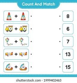 Count and match, count the number of Pyramid Toy, Train, Kite, Plane, Boat and match with the right numbers. Educational children game, printable worksheet, vector illustration