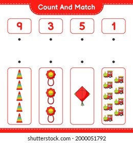 Count and match, count the number of Pyramid Toy, Baby Rattle, Kite, Train and match with the right numbers. Educational children game, printable worksheet, vector illustration