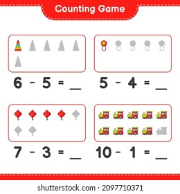 Count and match, count the number of Pyramid Toy, Baby Rattle, Kite, Train and match with the right numbers. Educational children game, printable worksheet, vector illustration