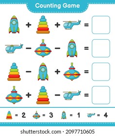 Count and match, count the number of Pyramid Toy, Whirligig Toy, Rocket, Helicopter and match with the right numbers. Educational children game, printable worksheet, vector illustration