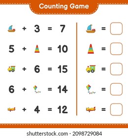 Count and match, count the number of Pyramid Toy, Train, Kite, Plane, Boat and match with the right numbers. Educational children game, printable worksheet, vector illustration
